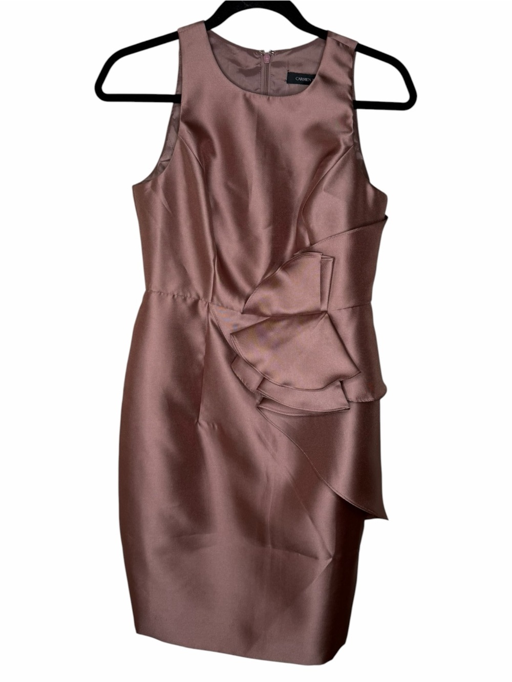 CARMEN MARC VALVO Dusty Rose-Mauve Satin Midi Dress with Side Ruffle Women's 4